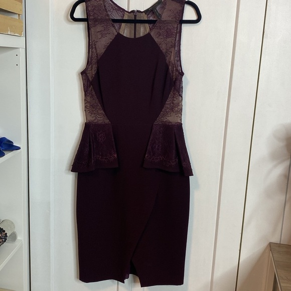BCBG MaxAzria | Whitley Mesh & Lace burgundy merlot coloured peplum dress sz 8 - Picture 1 of 6